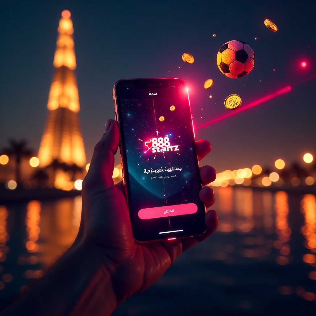 Futuristic hand holding a glass-transparent smartphone displaying 888starz official Arabic app, background is the Cairo Tower and Nile River at night with vibrant red laser beams and golden bokeh, 3D holographic gold EGP coins and soccer balls floating, n